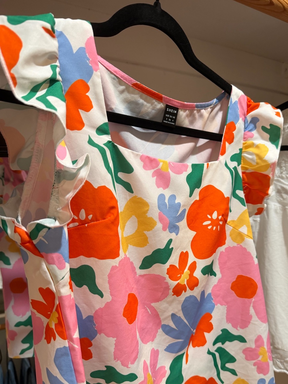 SHEIN White Floral Ruffle Sleeve Tee with Orange Pink Green Blue Blooms